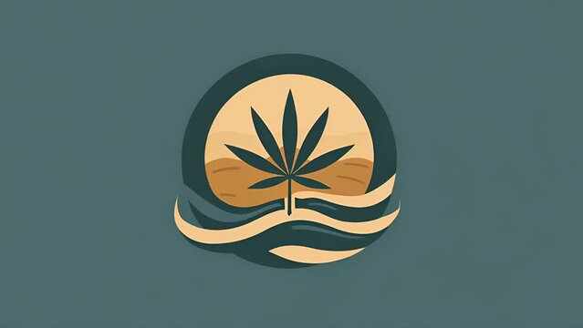 Illustration of a marijuana leaf suspended over ocean waves in a circular frame. Logo design for New England based cannabis products company.