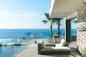 a outdoor terrace in summer, modern design with ocean view 