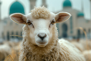 A sheep awaiting its fate during Eid al-Adha, the blurred surrounding, the mosque, the crescent moon, and the hushed prayers