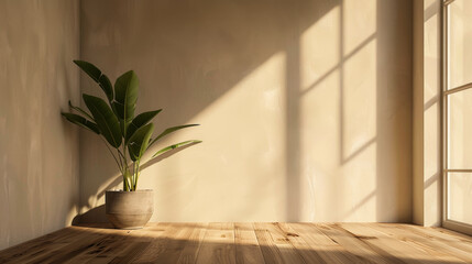 A large window in a room with a plant in a pot. The room is empty and has a simple, minimalist design