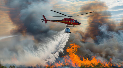 A helicopter carrying a large water bucket flies over a raging forest fire, releasing water to combat the flames below.