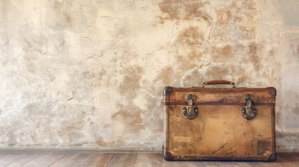 Antique vintage travel suitcase against the background of a light