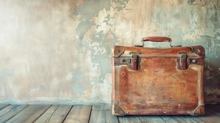 Antique vintage travel suitcase against the background of a light