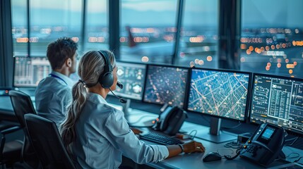 Diverse female and male air traffic controller working with headset talk watching and analysis navigation on monitor screen carefully.