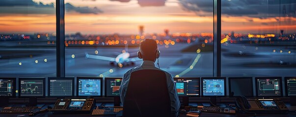 Diverse female and male air traffic controller working with headset talk watching and analysis navigation on monitor screen carefully.