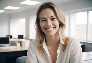 Portrait of a young beautiful cheerful charming woman white white teeth, smiling in office. 