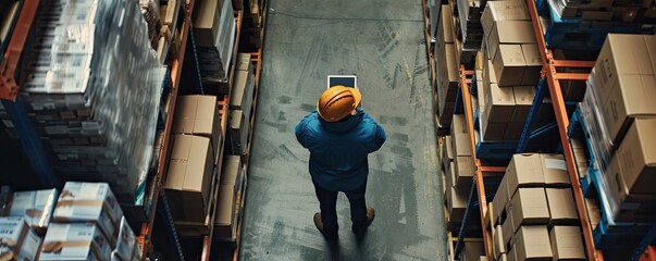 Warehouse worker with safety outfit checking inventory levels for shipment.