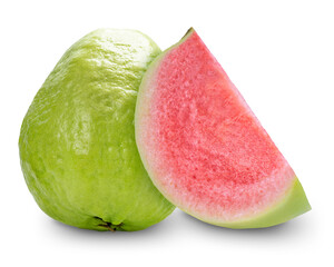 Fresh Red Guava fruit on white background. Sweet Guava fruit with leaf isolate on white with...