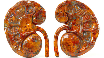 A 3D depiction of a human kidney, anatomically detailed and isolated on white