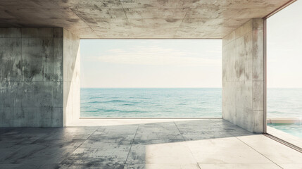 A large open space with a view of the ocean. The room is empty and the only thing visible is the water