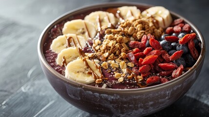 Fototapeta premium Artistic arrangement of an acai bowl with goji berries, banana slices, and a sprinkle of granola, highlighted with a drizzle of almond butter, clean isolated background, studio light setting