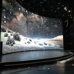 a big stage with black floors led screen movie backdrop