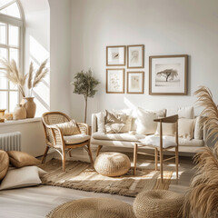 A living room with a white couch, a chair, and a coffee table. The room has a warm and inviting atmosphere, with a rug and pillows on the floor. There are also several potted plants and vases