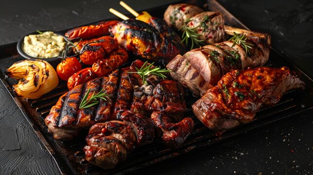 Artistic close-up of mixed grill platter, charred textures and rich colors, elegantly displayed, isolated with studio lighting