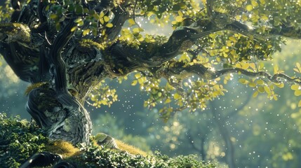 In a hidden garden glistening with morning dew a wise old tree stands tall with its gnarled branches reaching towards the sky. Upon . .