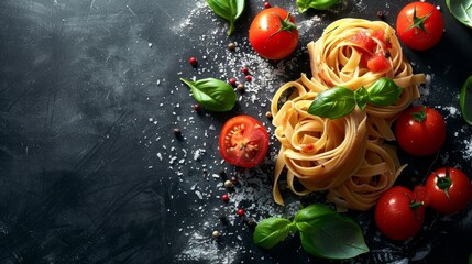 Artistic layout of homemade pasta with tomato sauce and basil, high-quality studio lighting, focused on texture and freshness