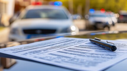 Close-up of a traffic police report clipboard with a patrol car blurred in the backdrop