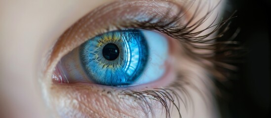 Detailed close-up view of a human eye showcasing a captivating blue iris and intricate details