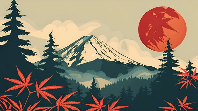 Illustration of a snow capped volcano surrounded by forest and marijuana plants at sunrise. Background for an Oregon based cannabis products company.