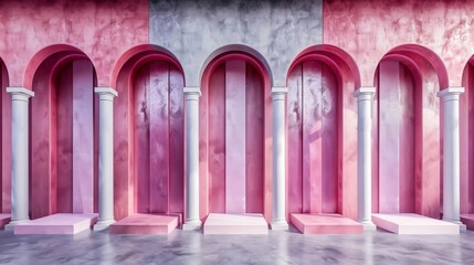 Classical white columns and pink arches on a textured grey and pink wall background