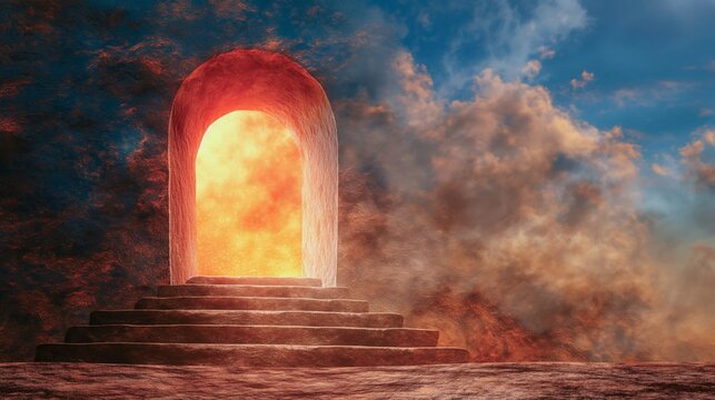 A fiery portal opens atop mystical steps, inviting to an otherworldly adventure
