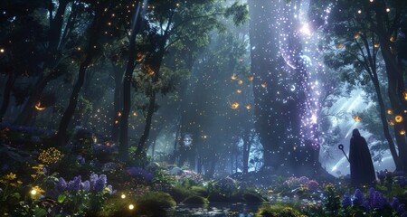 A mystical forest clearing illuminated by a meteor shower as a wise druid collects ingredients from the different plants and flowers . .