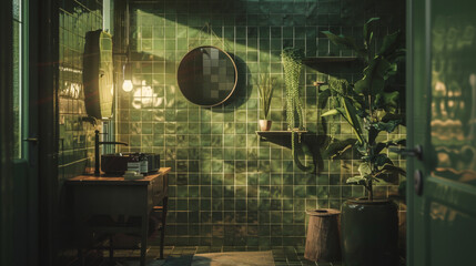 A bathroom with a green tiled wall and a green plant on the wall