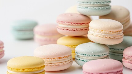 Obraz premium Assorted colorful macarons in soft pastel shades, arranged in a delicate pyramid, seamless white background, studio lighting