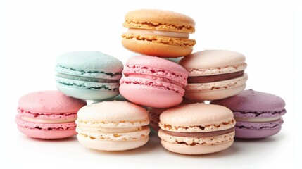 Assorted colorful macarons in soft pastel shades, arranged in a delicate pyramid, seamless white background, studio lighting