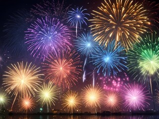 Naklejka premium Colorful fireworks background in a bright sky with mountains and sea, night party celebration 