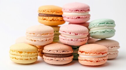 Obraz premium Assorted colorful macarons in soft pastel shades, arranged in a delicate pyramid, seamless white background, studio lighting