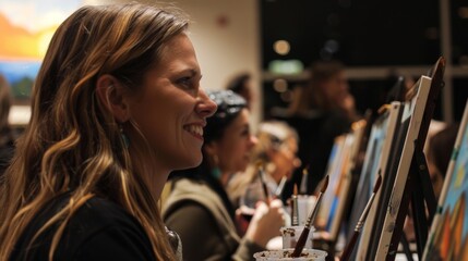 A peaceful and relaxing atmosphere as attendees sip on nonalcoholic wine while enjoying the theutic act of painting.