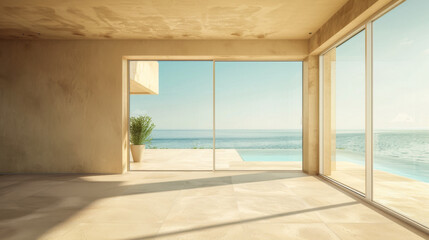 A large open room with a view of the ocean. The room is empty and has a minimalist design