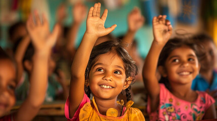Fototapeta premium Bright-eyed students eagerly raise their hands in classrooms