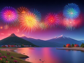 Colorful fireworks background in a bright sky with mountains and sea, night party celebration 