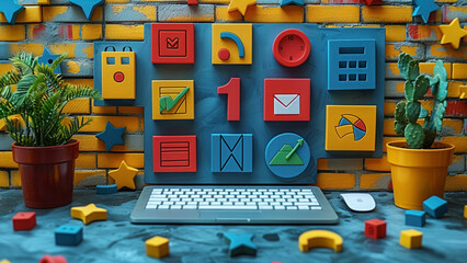 Digital composite of Colorful icons on laptop screen against blue brick wall