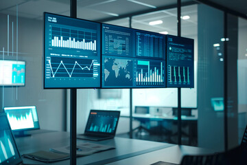 Fototapeta premium Business charts and graphs displayed on screens and whiteboards showcase data-driven decision-making and strategic planning.