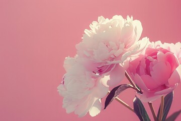 Beautiful delicate peonies on a pink background, blooming flowers