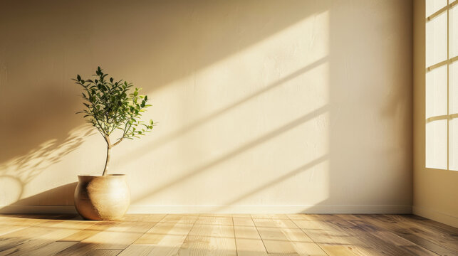 A large white room with a large window and a small potted plant. The room is empty and has a minimalist feel