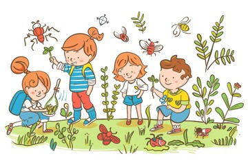 Cartoon cute doodles of students conducting a biology experiment outdoors, examining plants and insects in the school garden, Generative AI