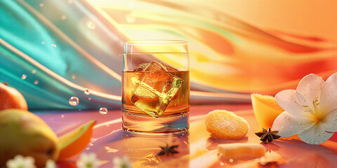 
a macro photo of a colorful and artistic advertisement for a glass of whiskey. It shows a beautiful vintage coup cocktail glass of golden brown whiskey