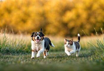 Corgi Dog and Tabby Cat Enjoy Spring Meadow