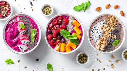 Bright and colorful acai bowls decorated with dragon fruit and nuts, clear studio lighting, minimalist white background