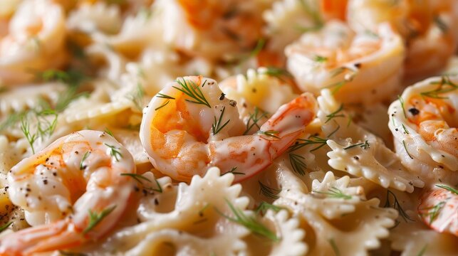 Bowtie pasta tossed in a light, creamy garlic sauce with shrimp, accented by fresh dill, shot in studio with an isolated backdrop