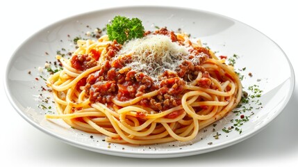 Classic spaghetti bolognese, richly sauced with ground meat and tomatoes, sprinkled with aged cheese, studio light, isolated setting
