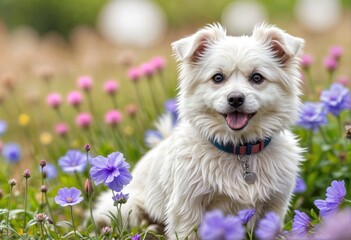 Cheerful Dog in Spring Flowers Easter Theme