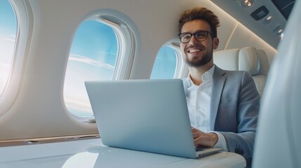 a smiling man, young male business man laptop