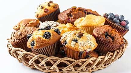 Close-up of a basket of assorted muffins, from blueberry to bran, presented on a pure white background under studio lighting