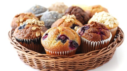 Close-up of a basket of assorted muffins, from blueberry to bran, presented on a pure white background under studio lighting