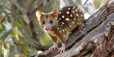 Obraz premium quoll with white spots on its body, brown fur and a small head, sitting on a tree branch, generative AI